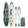Angled view of LowRider Aero Tandem board with paddles, seats, and gear backpack.