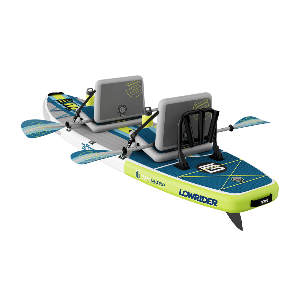 Rear angled view of LowRider Aero Tandem board with paddles, seats, and rear storage.